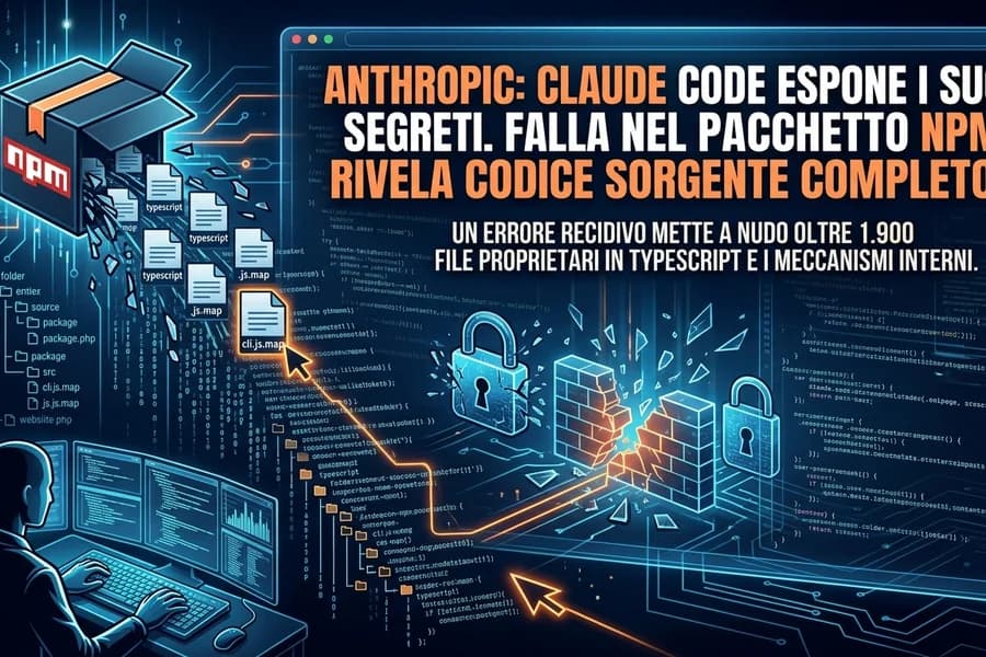 Infografica digitale su Anthropic Claude Code, con computer e rischi di divulgazione del codice.