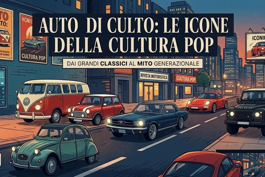 Collage di automobili iconiche associate al cinema e alla cultura pop.