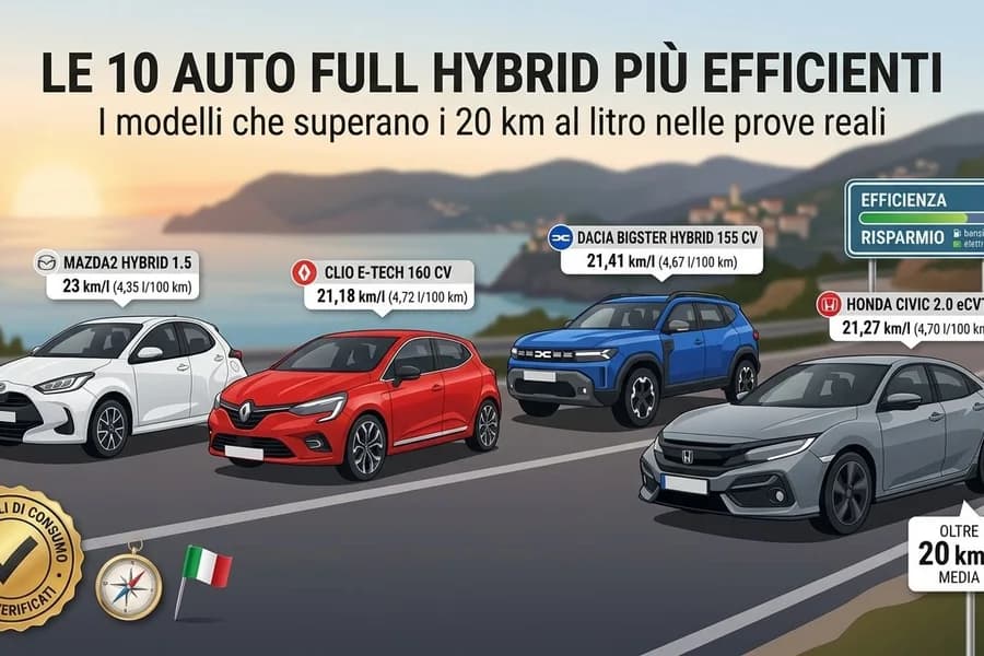 Infografica con diverse auto full hybrid e richiami ai consumi nelle prove reali.