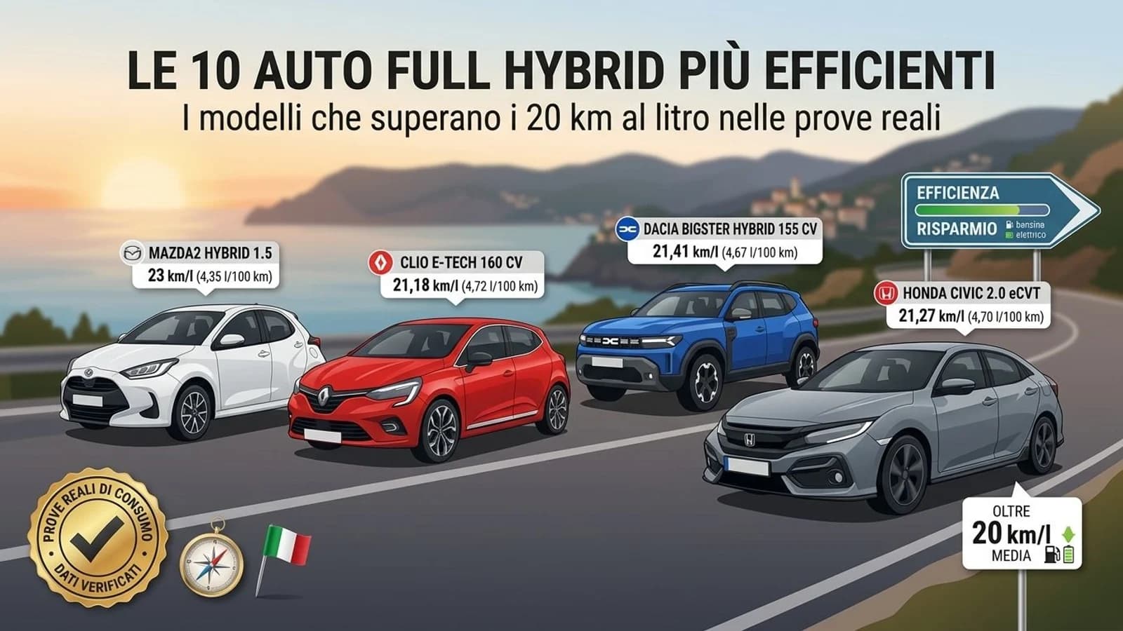 Infografica con diverse auto full hybrid e richiami ai consumi nelle prove reali.