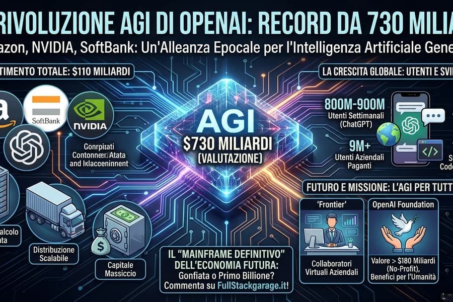 Infografica sull'AGI con grandi cifre e loghi di imprese tecnologiche legate a OpenAI.