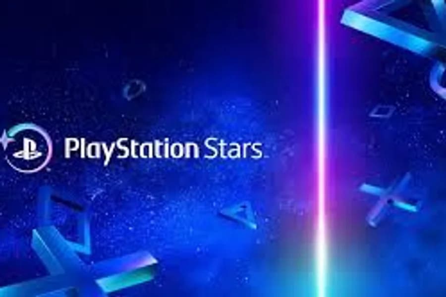 Logo PlayStation Stars su sfondo azzurro e viola con elementi luminosi.