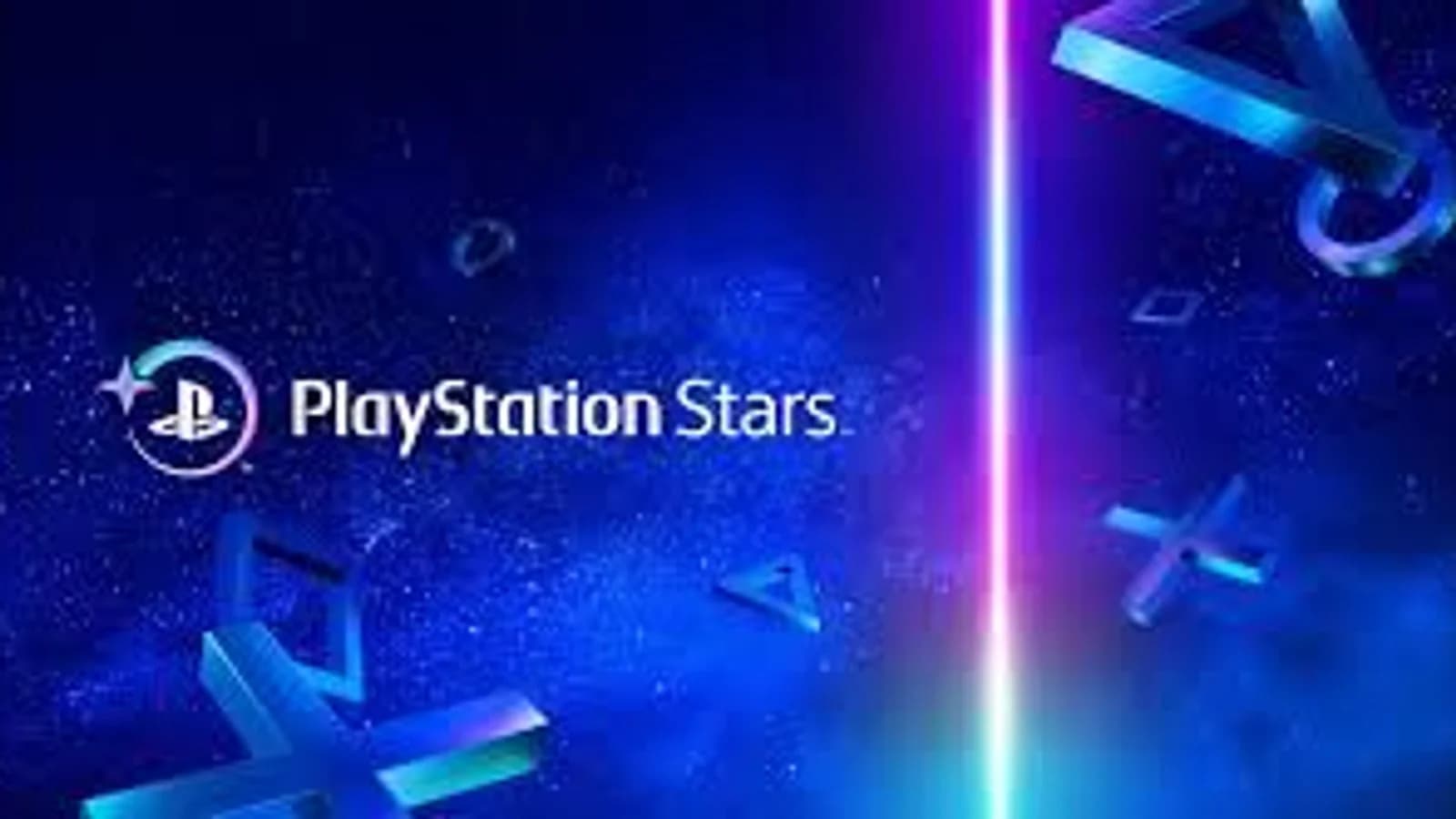 Logo PlayStation Stars su sfondo azzurro e viola con elementi luminosi.