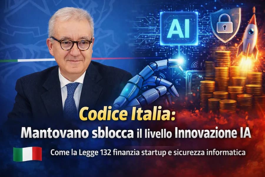 Fotomontaggio di Alfredo Mantovano con circuiti elettronici e simboli di intelligenza artificiale.