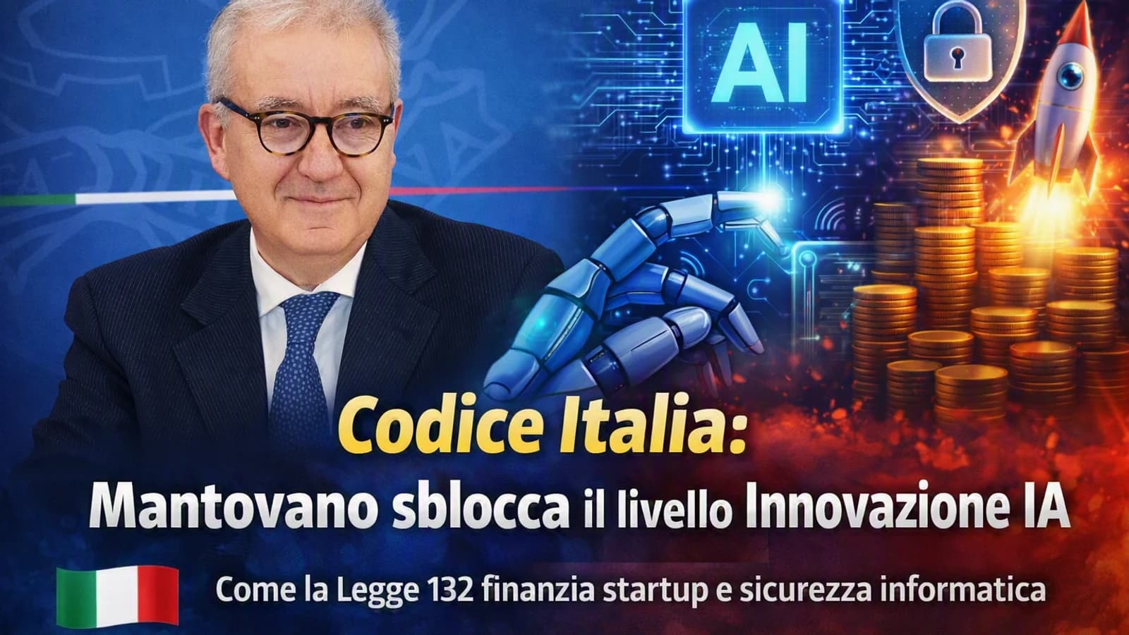 Fotomontaggio di Alfredo Mantovano con circuiti elettronici e simboli di intelligenza artificiale.