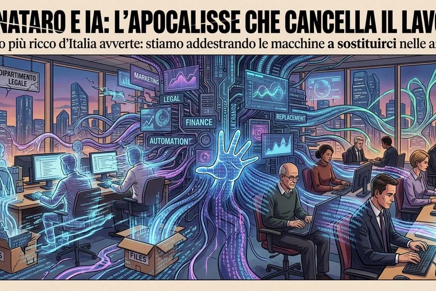 Illustrazione di un ufficio automatizzato con IA e lavoratori, legata al futuro del lavoro.