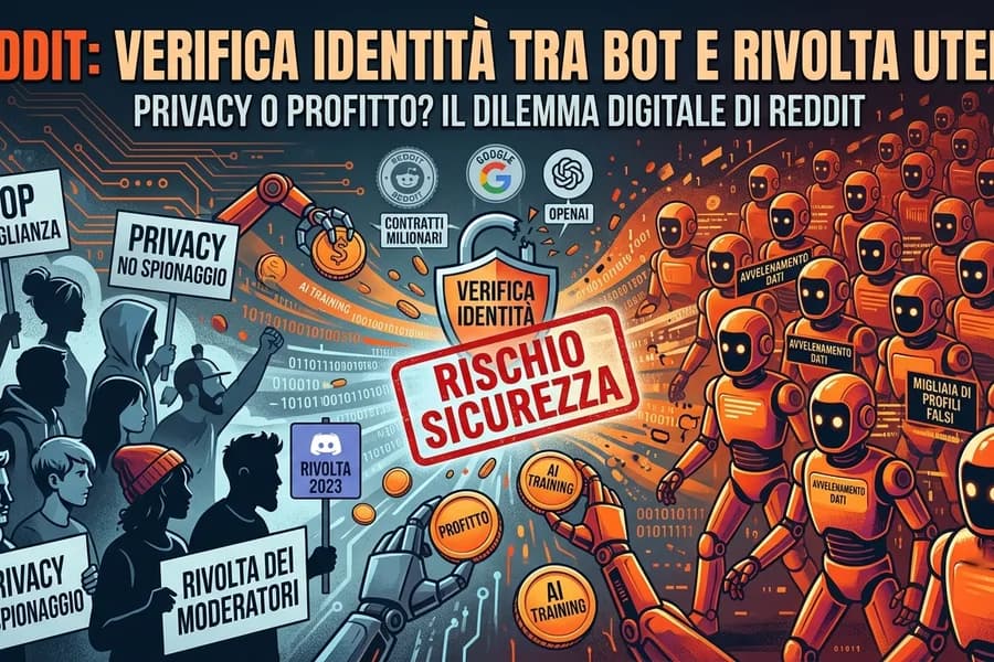Illustrazione di un dibattito su Reddit tra utenti, bot e verifica dell'identità online.