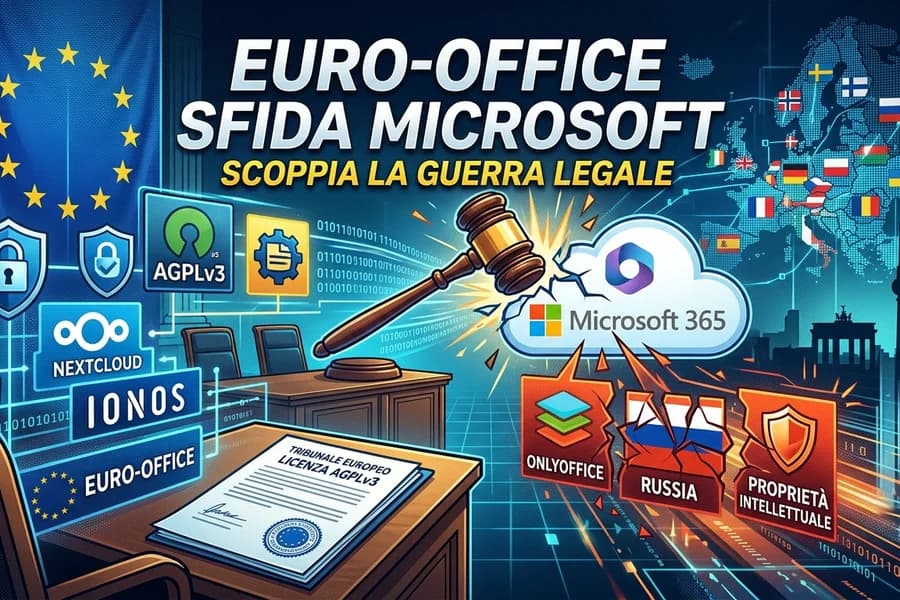 Illustrazione di documenti e software d'ufficio nella disputa Euro-Office e Microsoft.