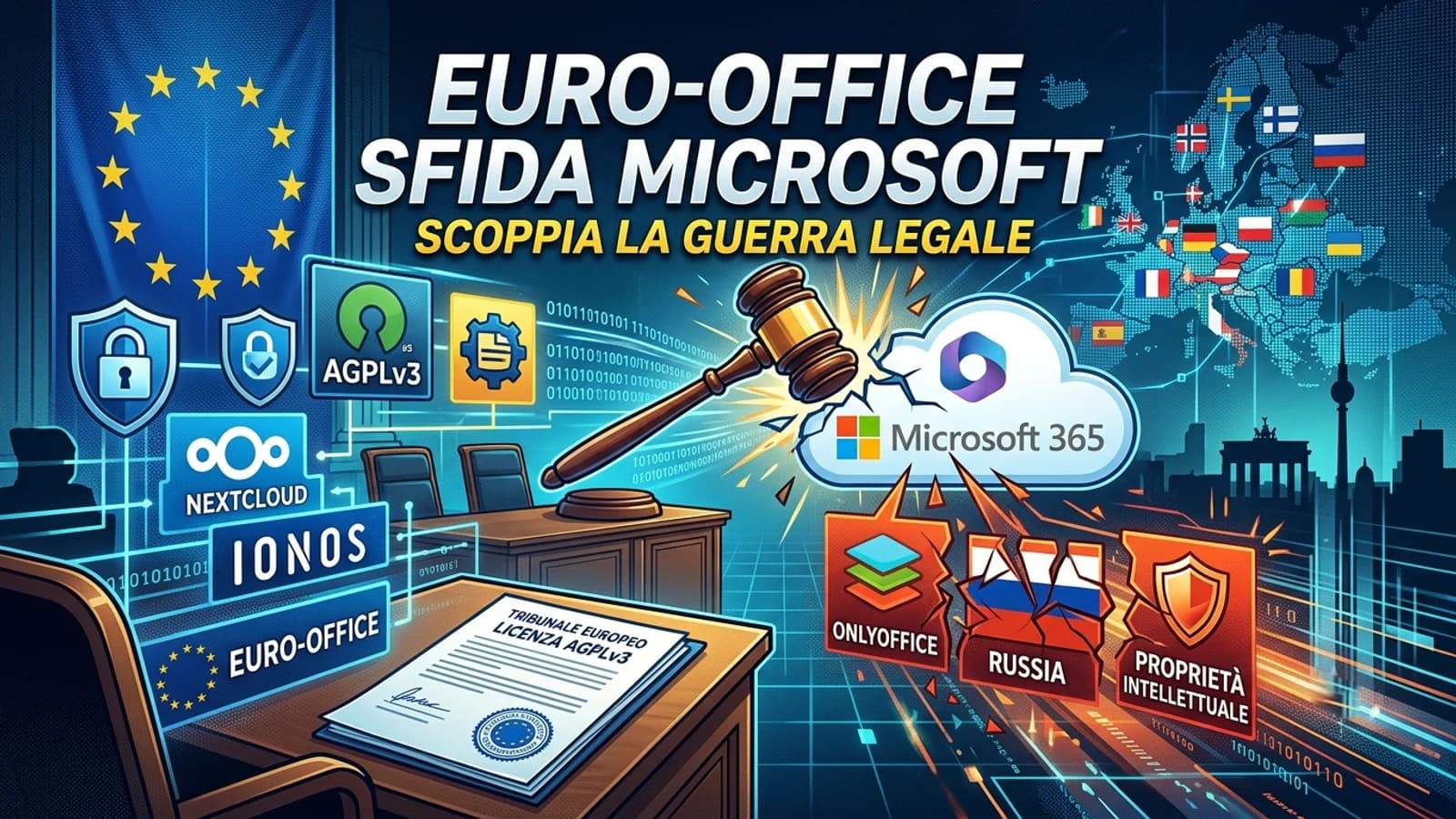 Illustrazione di documenti e software d'ufficio nella disputa Euro-Office e Microsoft.