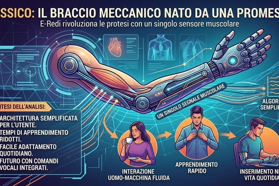 Illustrazione di una mano robotica e componenti di una protesi bionica.