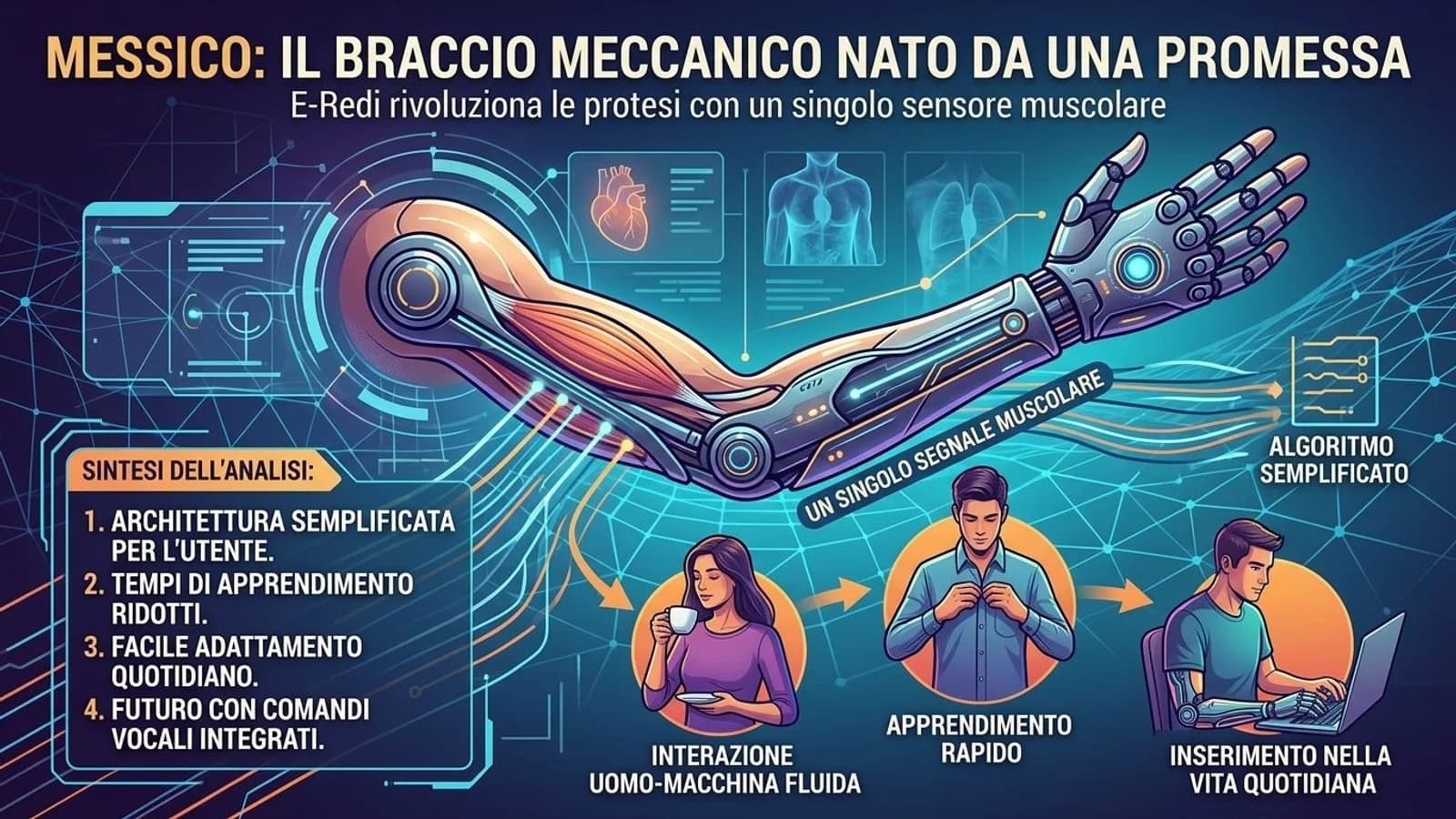 Illustrazione di una mano robotica e componenti di una protesi bionica.