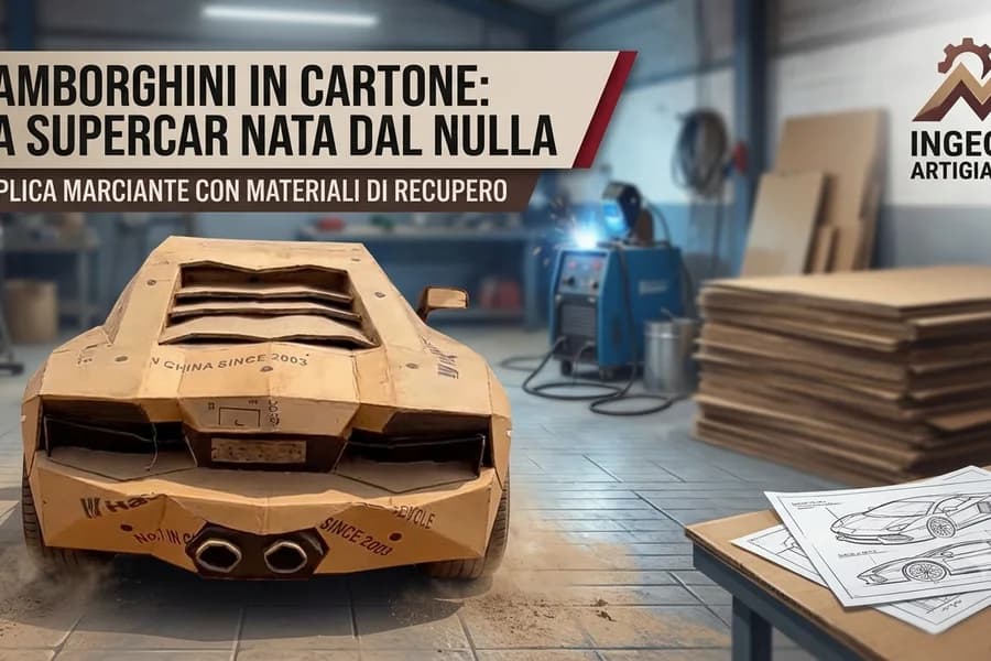 Modello di Lamborghini realizzato in cartone con materiali e strumenti di lavorazione sul tavolo.