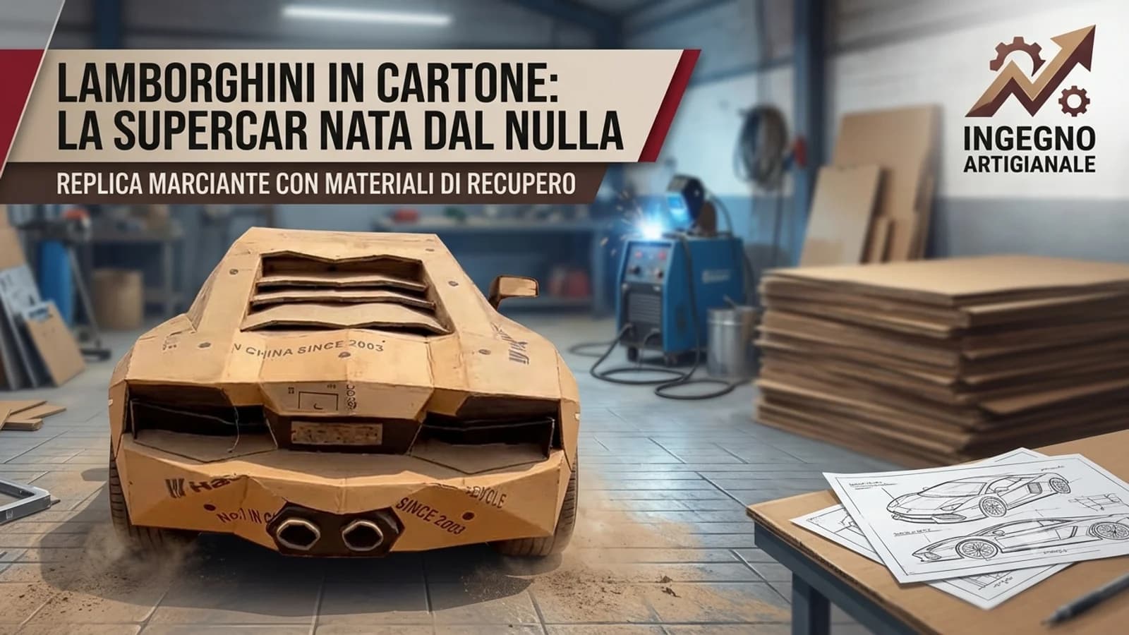 Modello di Lamborghini realizzato in cartone con materiali e strumenti di lavorazione sul tavolo.