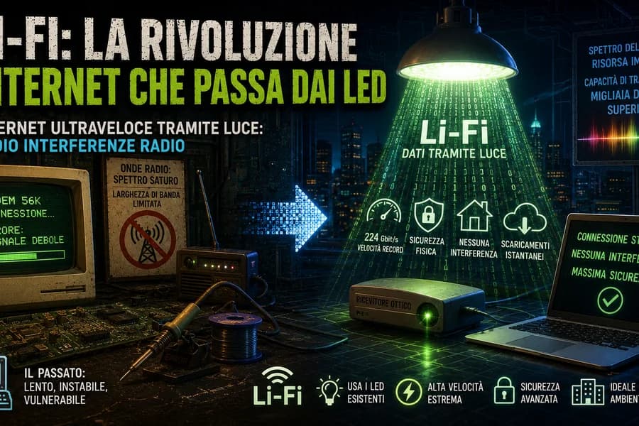 Illustrazione di rete Li-Fi con luce LED, computer e dispositivi collegati.