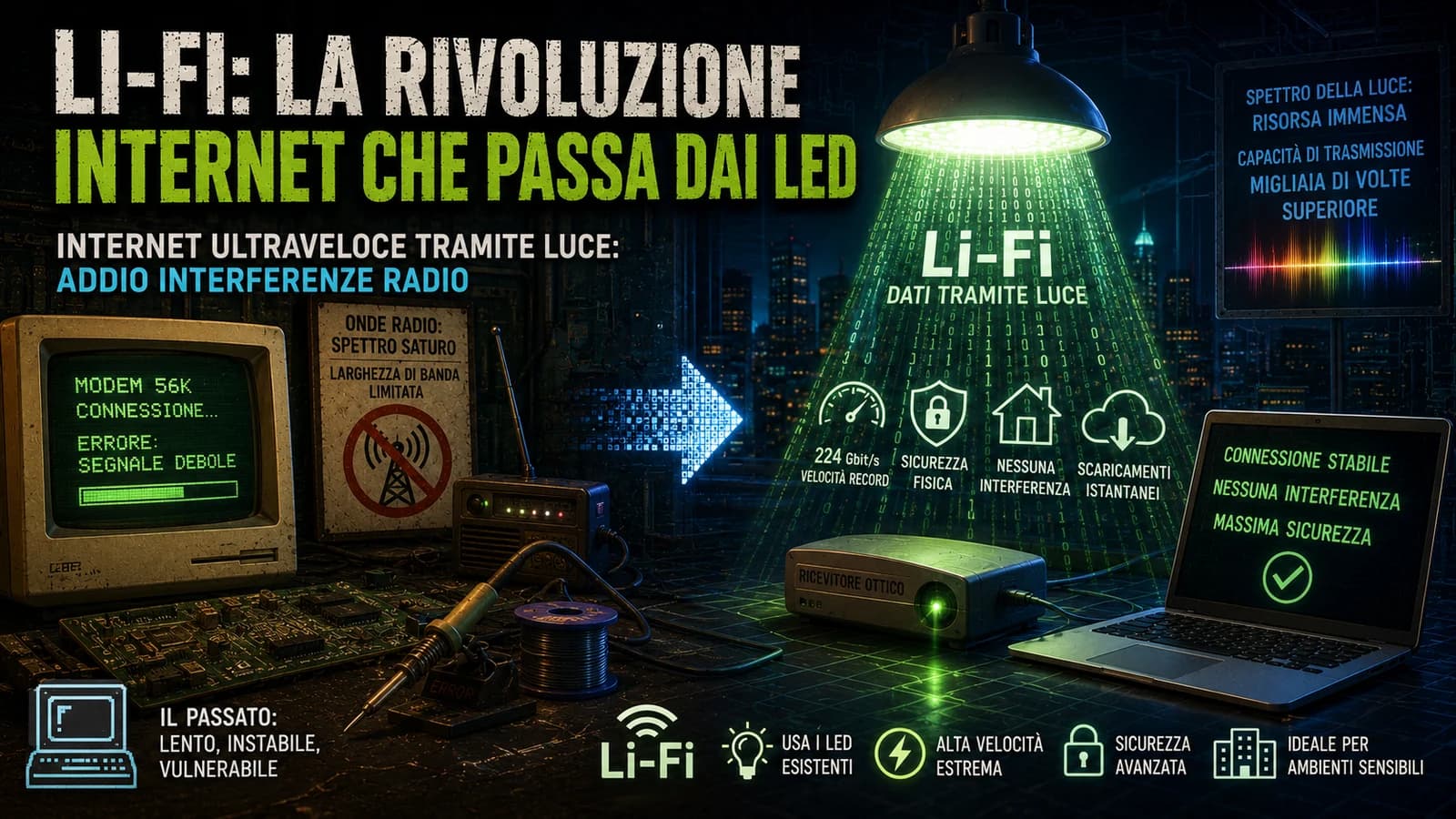 Illustrazione di rete Li-Fi con luce LED, computer e dispositivi collegati.
